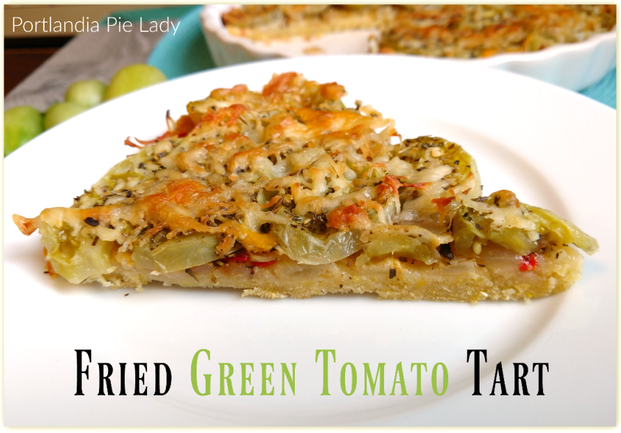Fried Green Tomato Tart: Tangy green garden tomatoes baked with fresh garlic, basil, and smokey cheese with the ultimate masa crust; it is a taste like none other. Brunch is served! 