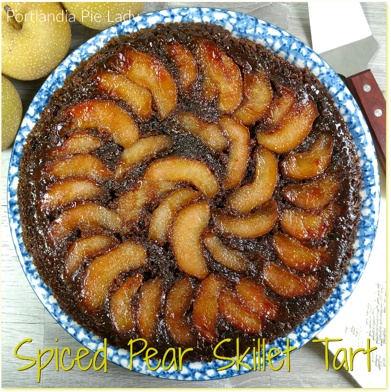 Spiced Pear Skillet Tart: Fresh crisp fall pears baked into a caramelized brown sugar buttered-spiced upside-down tart that is out of this world!