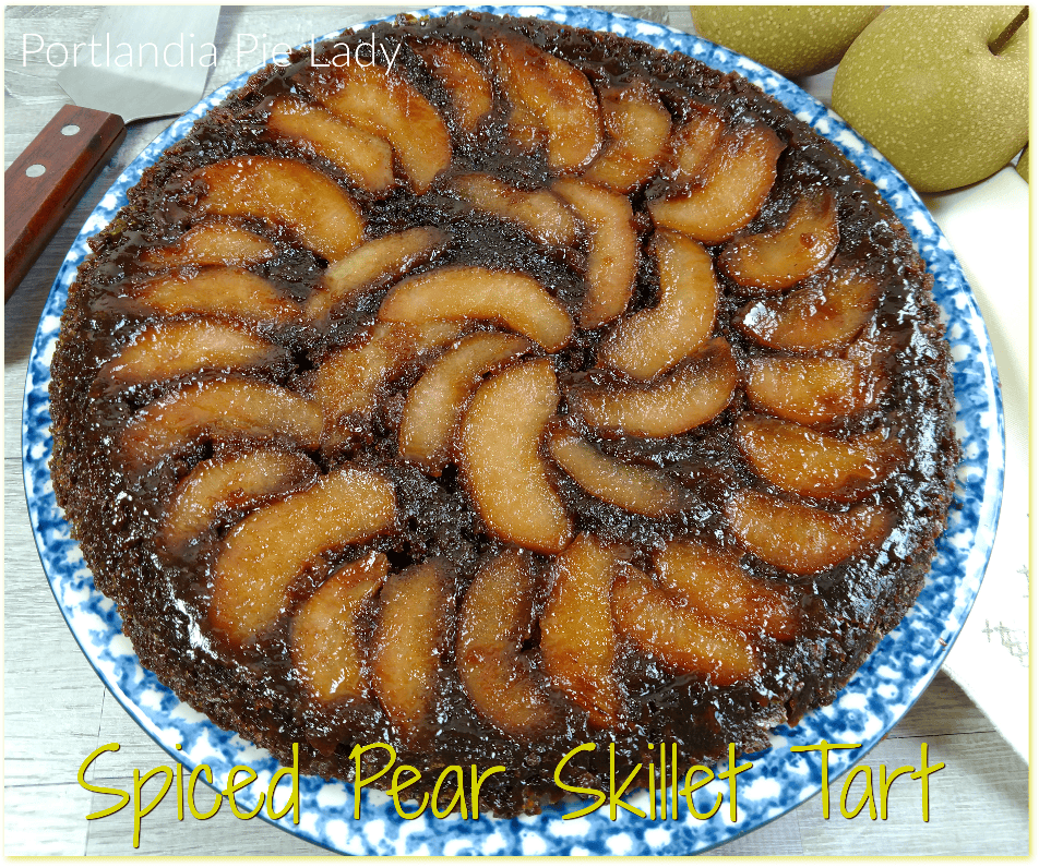 Spiced Pear Skillet Tart: Fresh crisp fall pears baked into a caramelized brown sugar buttered-spiced upside-down tart that is out of this world!