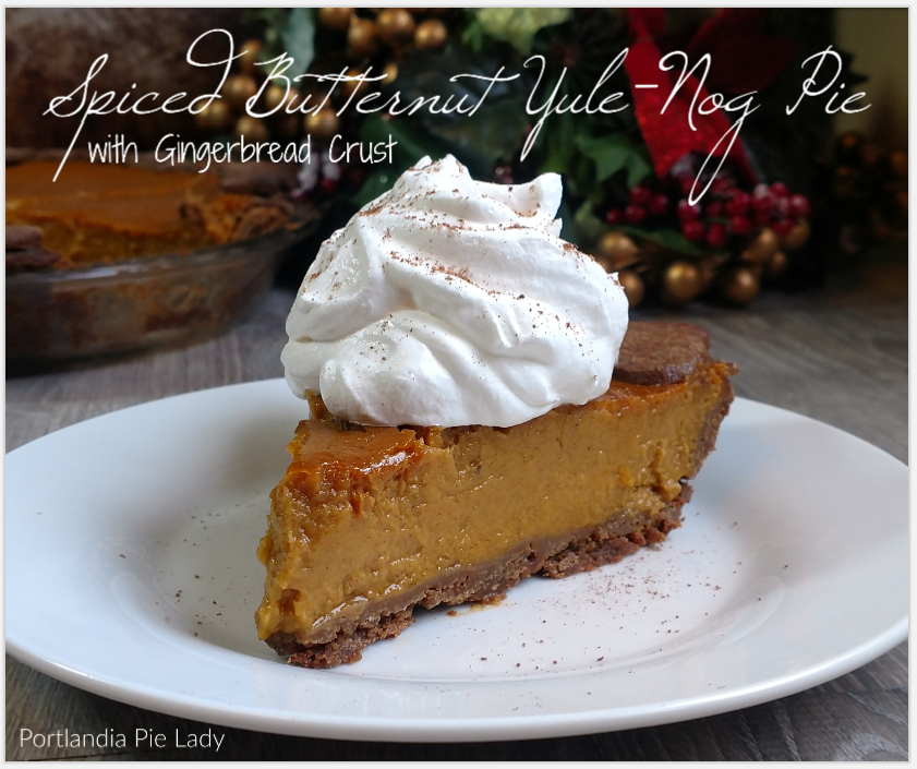 Spiced Butternut Yule-Nog Pie: Tender rich butternut squash, frothy eggnog and spices served up in a spicy Gingerbread Pie Crust worthy of any yuletide celebration!
