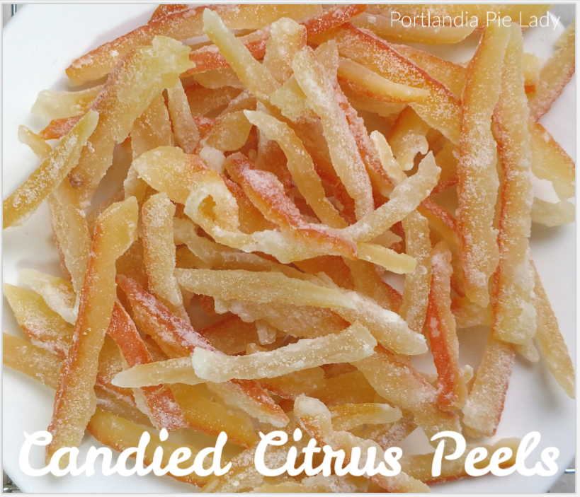 Candied Citrus Peels add a splash of sweet sunshiney fruity flavor to any pie, muffins, cakes, or any dessert or dish you can imagine! 