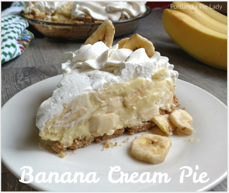 Banana Cream Pie: Heavenly banana pastry cream, loads of bananas, and banana-flavored whipped topping, in vanilla wafer crust; we're going bananas today!