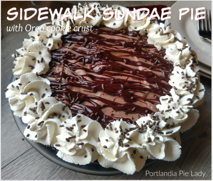 Sidewalk Sundae Pie (aka Hershey Sundae Pie): Creamy vanilla & chocolate filling drizzled with fudge ganache & served up in an Oreo cookie crust. It's a "homemade" ice cream pie without using an ice cream maker.
