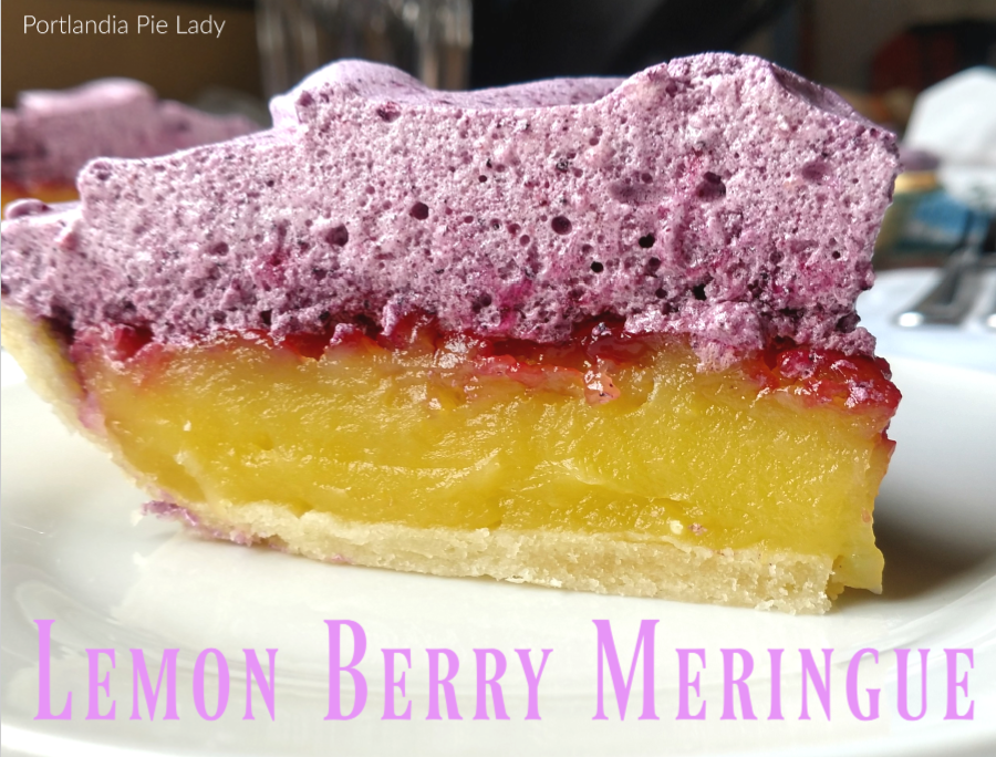 Lemon-zest filling with berry powder flavored fluffy meringue, a beautiful marriage of fruity flavors, all served up in a buttery flaky crust. 