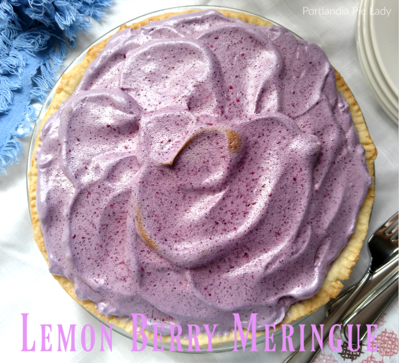 Lemon-zest filling with berry powder flavored fluffy meringue, a beautiful marriage of fruity flavors, all served up in a buttery flaky crust. 