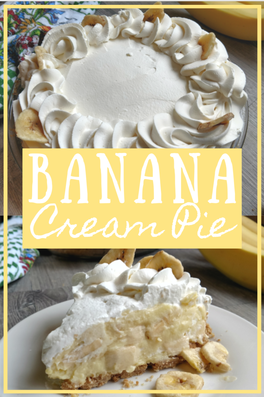 Heavenly banana pastry cream, loads of bananas, and banana-flavored whipped topping, in vanilla wafer crust; we're going bananas today!