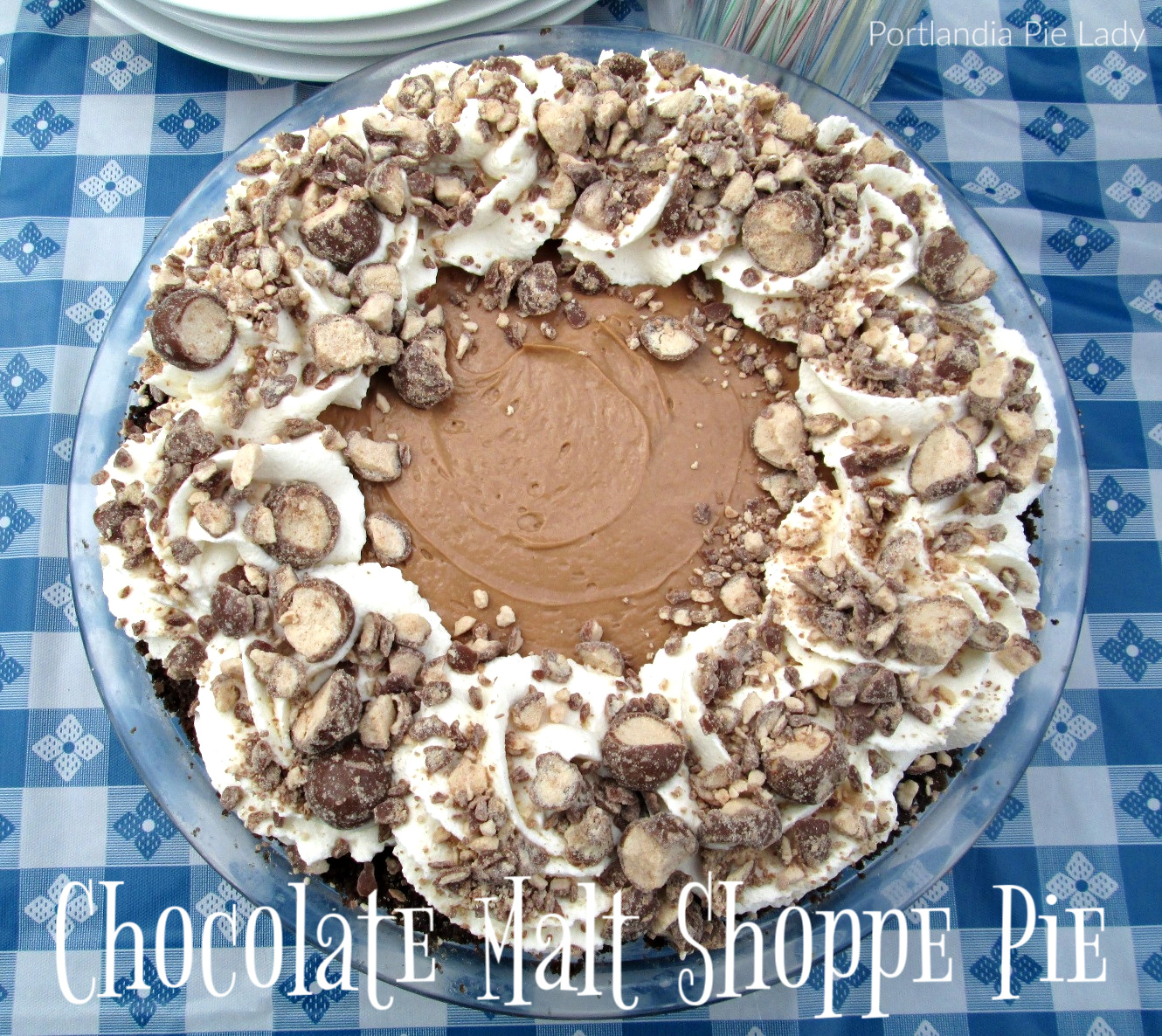 Chocolate malt-a-licious smooth & creamy pie is packed full of crushed Whoppers; tastes like an old time ice cream shoppe opened in your kitchen!