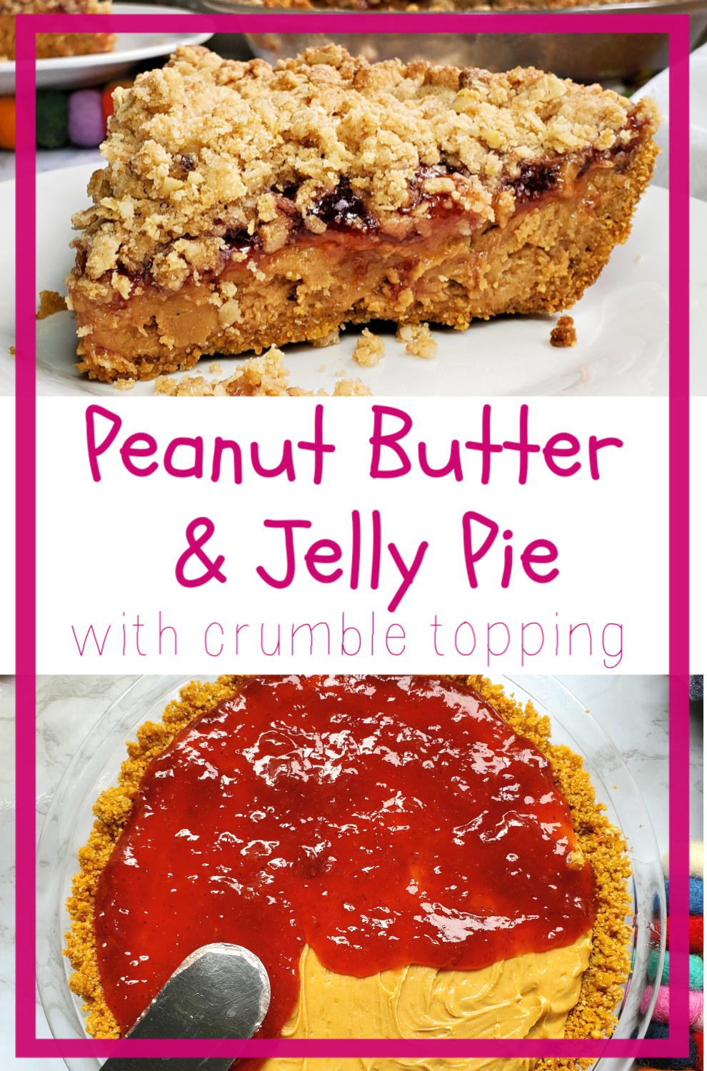 Peanut Butter & Jelly baked into a pie! Creamy peanut butter filling is sandwiched between a layer of your favorite jam, graham crust, & crumble topping.