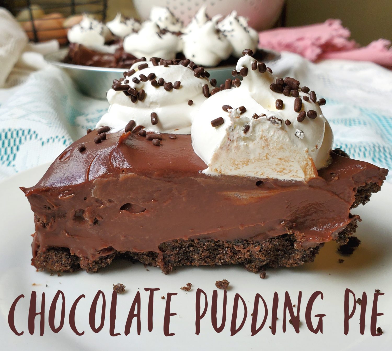Chocolate Pudding Pie: Super creamy & delicious chocolate pudding pie filling topped with loads of whipped cream in your favorite chocolate or graham crust!