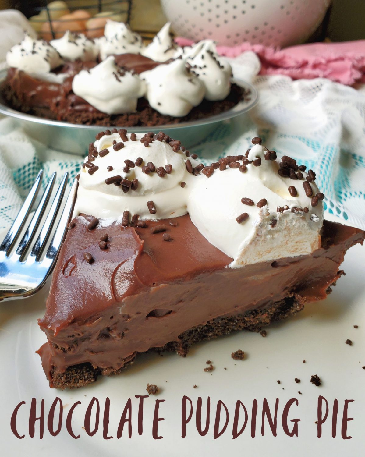 Chocolate Pudding Pie: Super creamy & delicious chocolate pudding pie filling topped with loads of whipped cream in your favorite chocolate or graham crust!