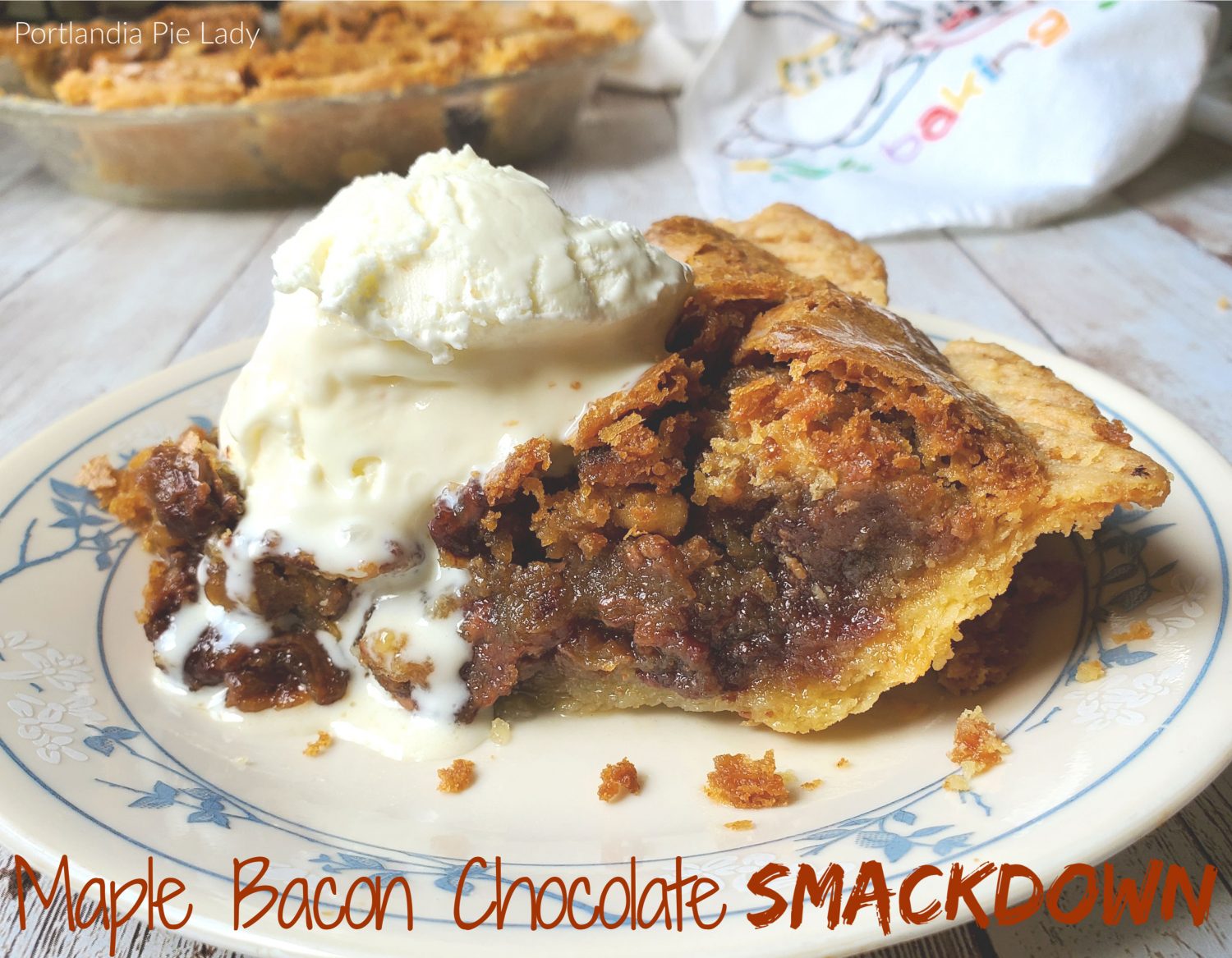 Maple Bacon Chocolate Smackdown: WWF of pies.  All those ingredients & walnuts baked in a crispy crust in an ooey gooey butter batter. 