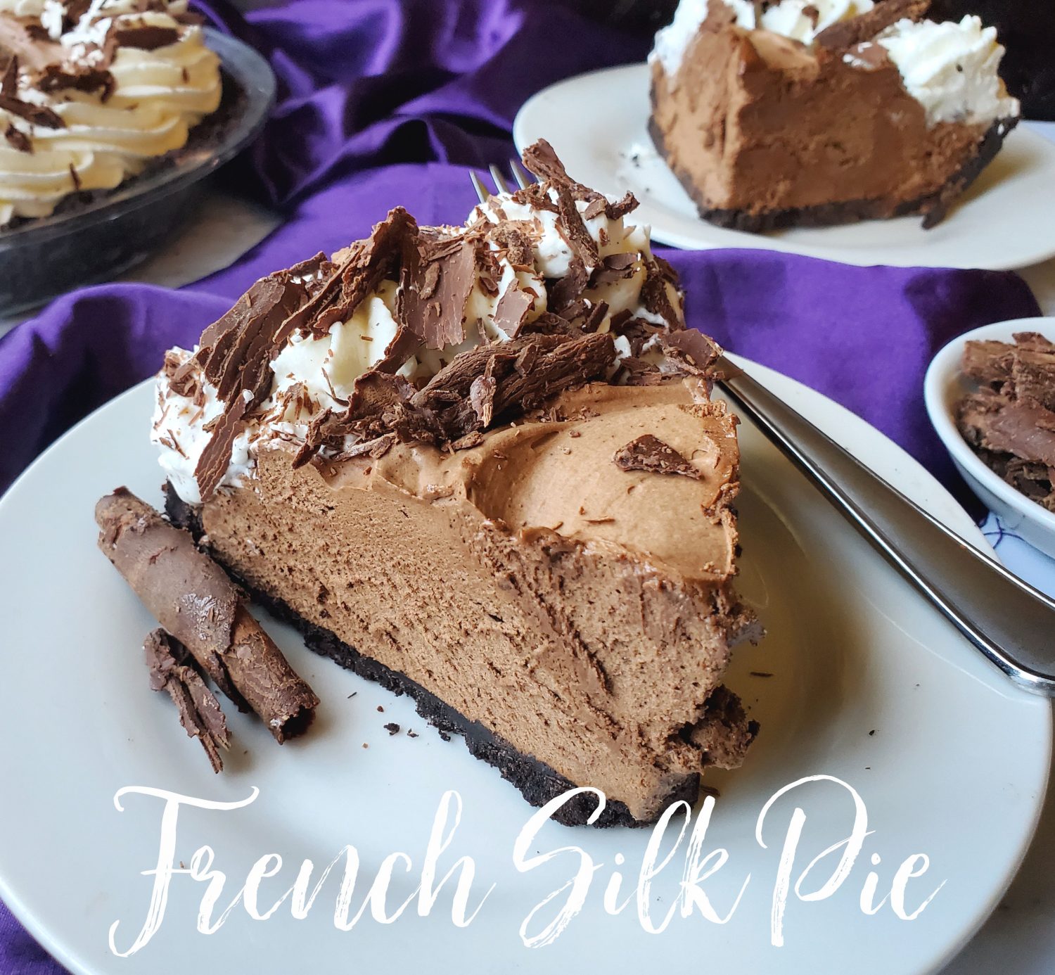 French Silk Pie is a super dreamy creamy mousse-type chocolate pie; every bite is light and velvety smooth, and garnished with homemade chocolate curls.  