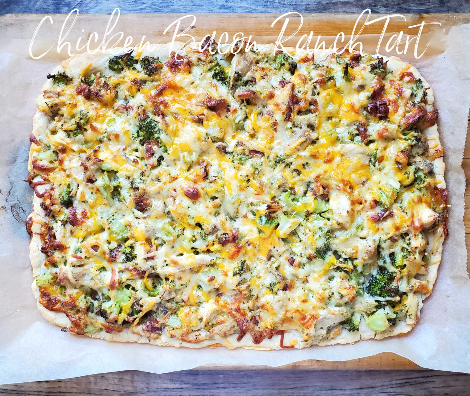 Chicken Bacon Ranch Tart: Chicken, bacon, ranch seasoning, and veggies, sizzling hot with melted cheeses, and a tender flaky sour cream crust