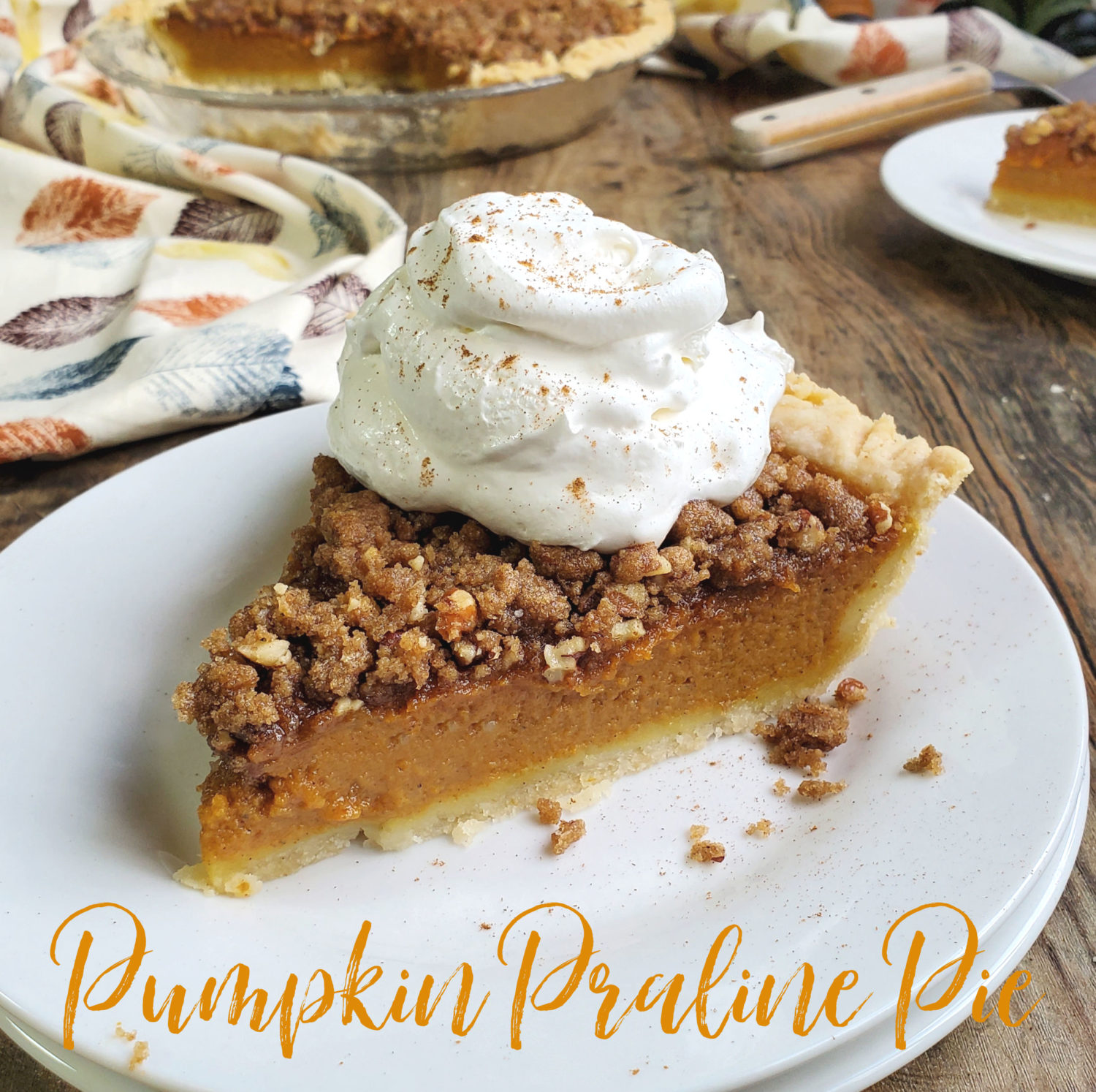 Pumpkin Praline Pie; a spiced pumpkin pie baked with a brown sugar-pecan praline topping & a dollop of whipped cream. Pumpkin pie game changer.