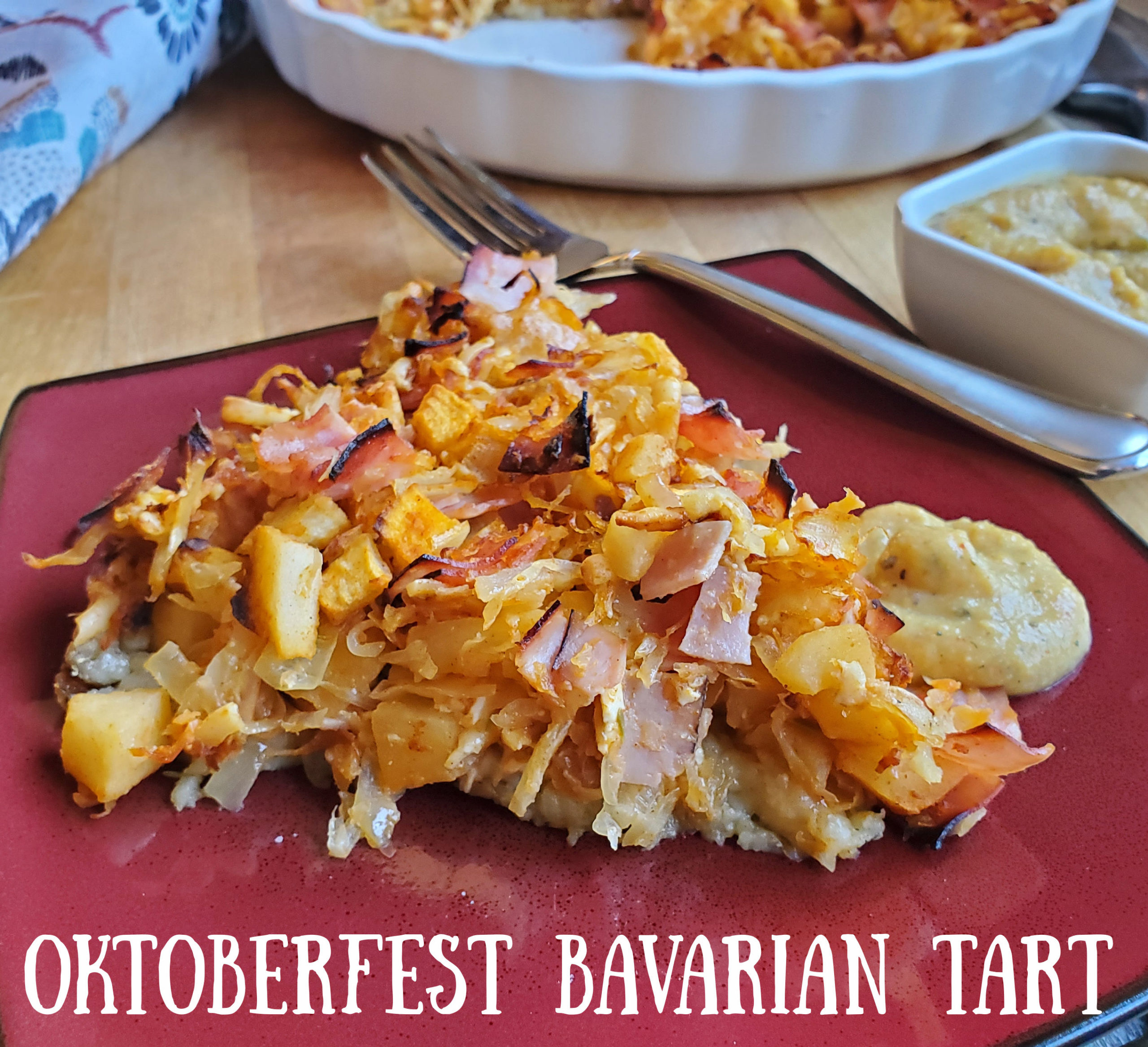 Oktoberfest Bavarian Tart: seasoned potato crust, topped with a mixture of sweet-tart apples, sauerkraut, ham & smoked gouda & swiss cheese.  