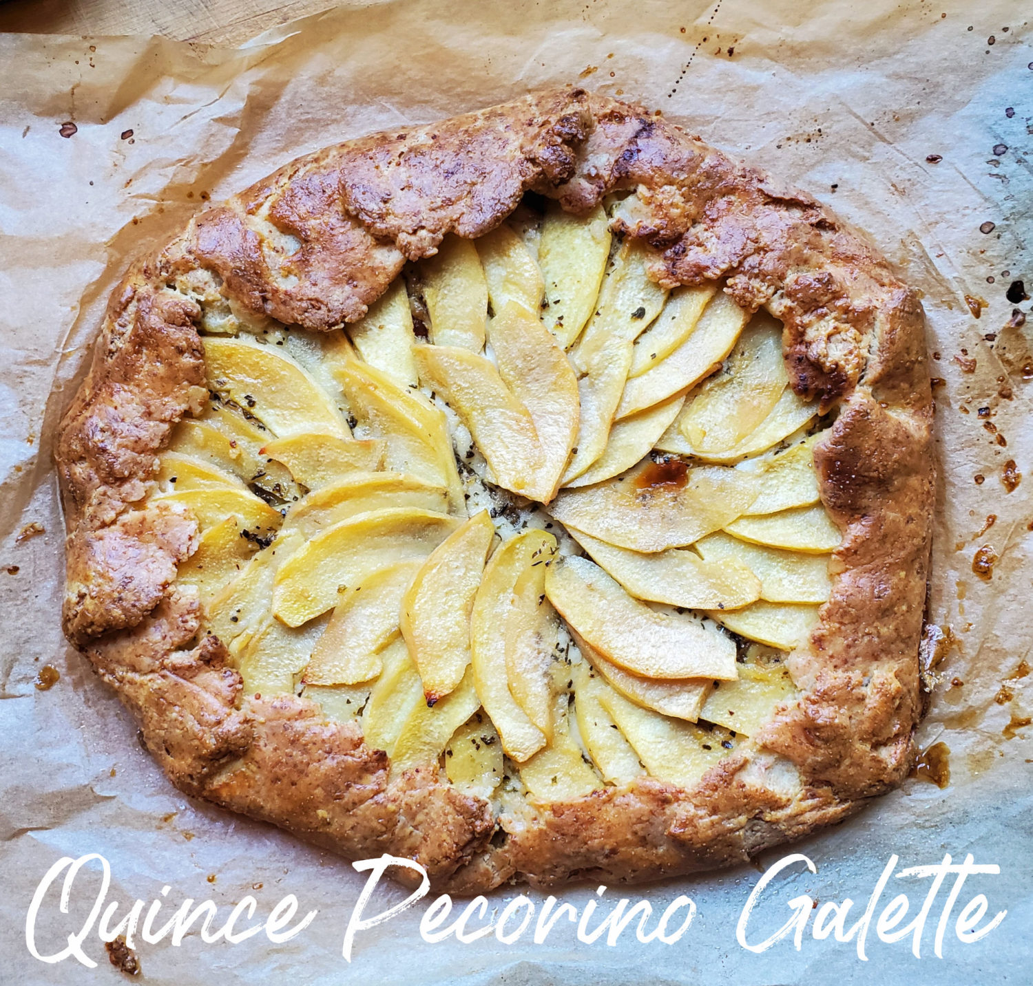 Quince Pecorino & Parmesan Galette; perfect balance of savory and hint of sweetness with caramelized onions for the most perfect brunch pie.