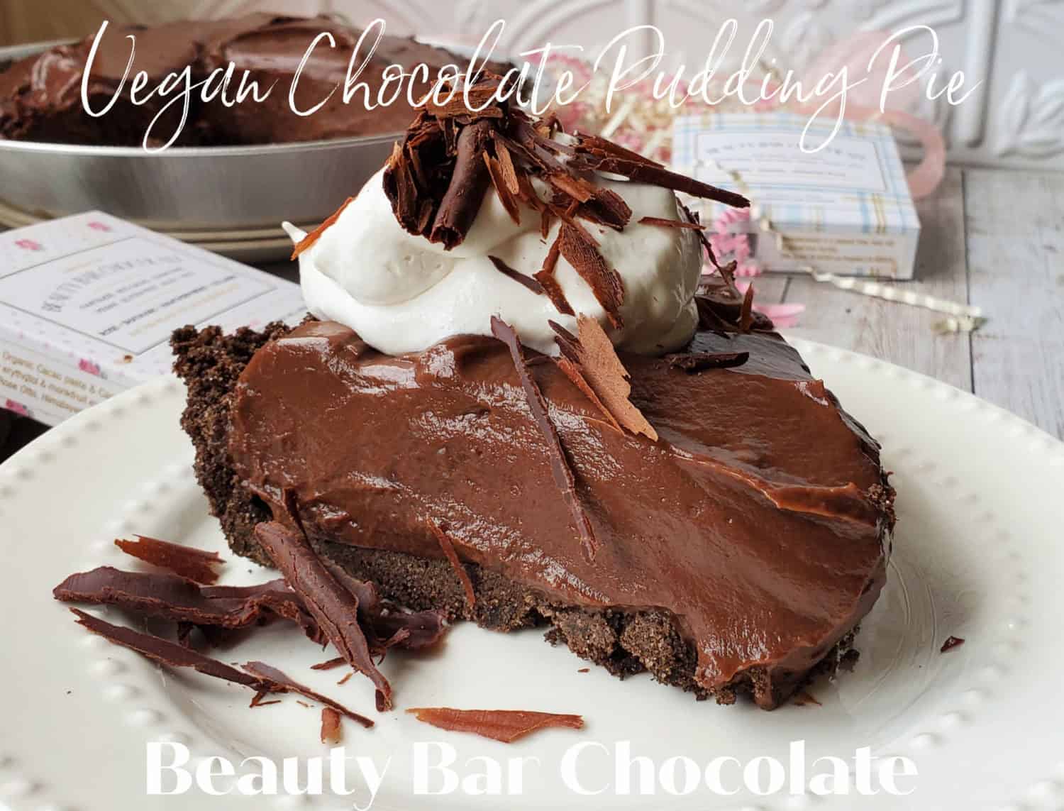 Vegan Chocolate Pudding Pie with Beauty Bar Chocolate is super creamy, just the right amount of sweet, with homemade chocolate shavings.  