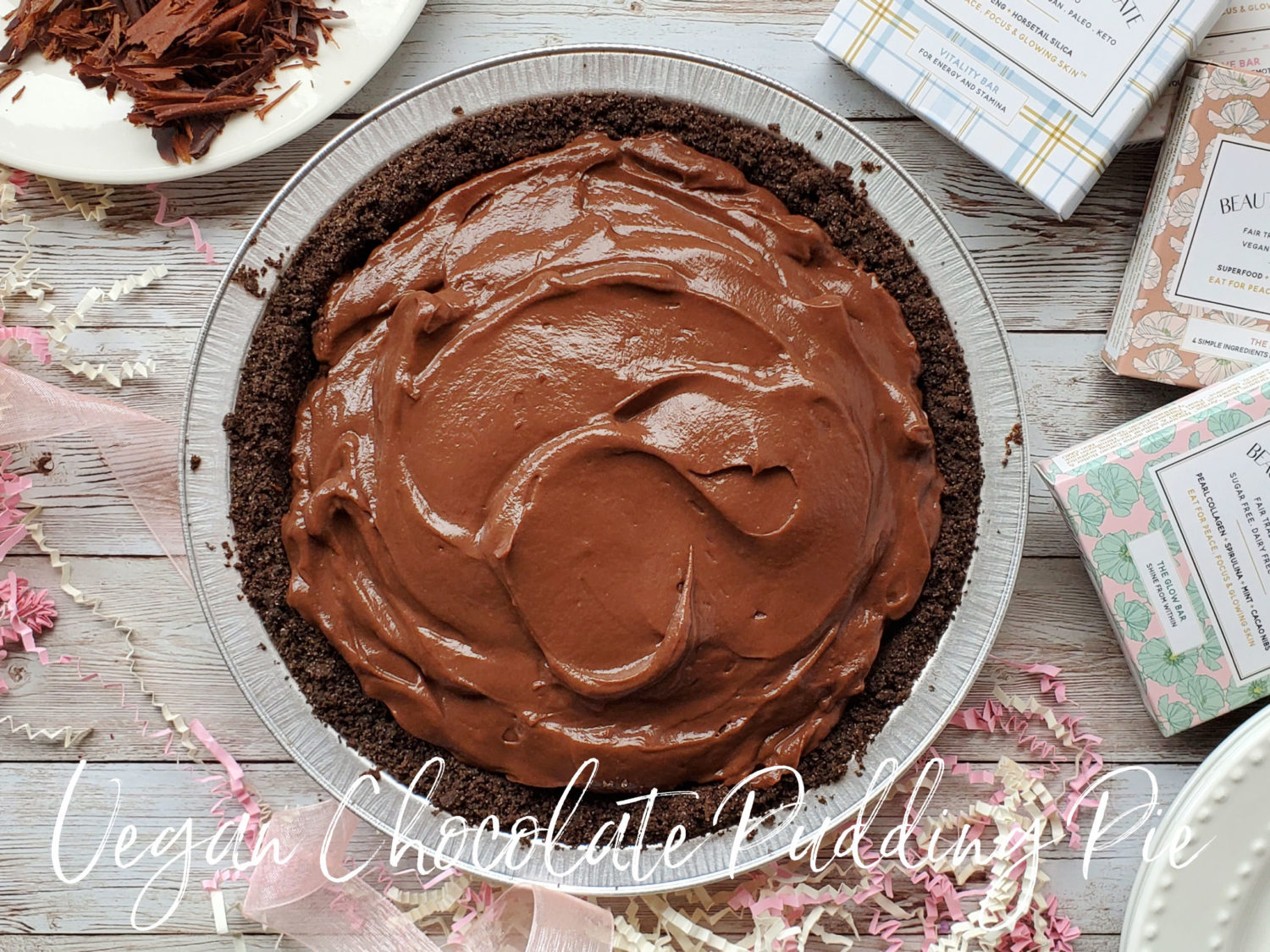 Vegan Chocolate Pudding Pie with Beauty Bar Chocolate is super creamy, just the right amount of sweet, with homemade chocolate shavings.  