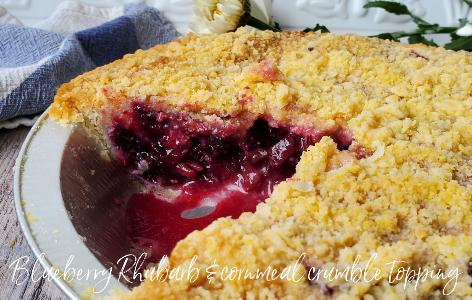 Blueberry Rhubarb Pie & sweet cornmeal crumble topping: sweet blueberries & tart rhubarb with lemon zest and vanilla.