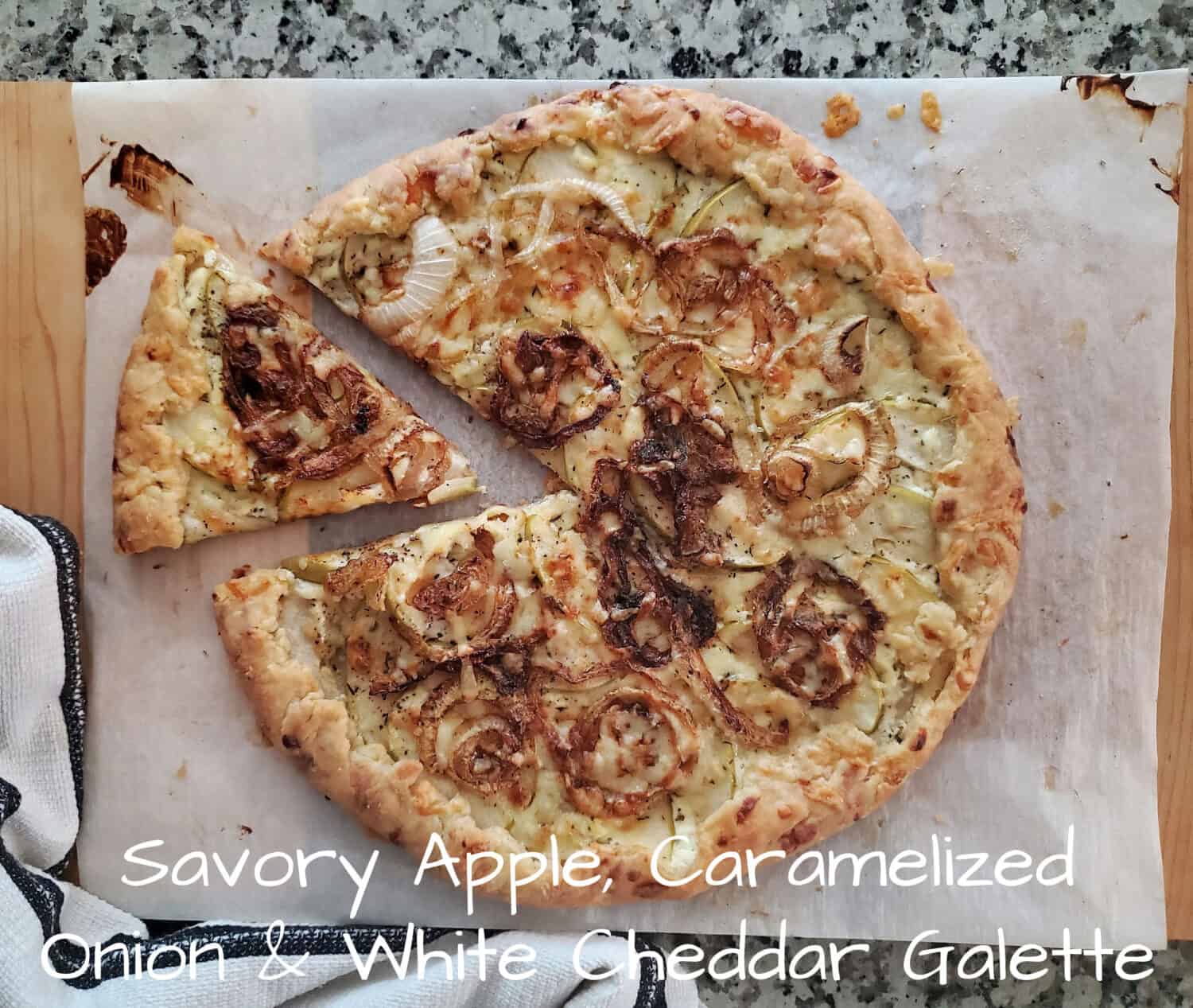 Savory Apple, Caramelized Onions & Sharp White Cheddar Galette: Perfect balance of tartness, natural sweetness, and kick of sharp cheddar. 