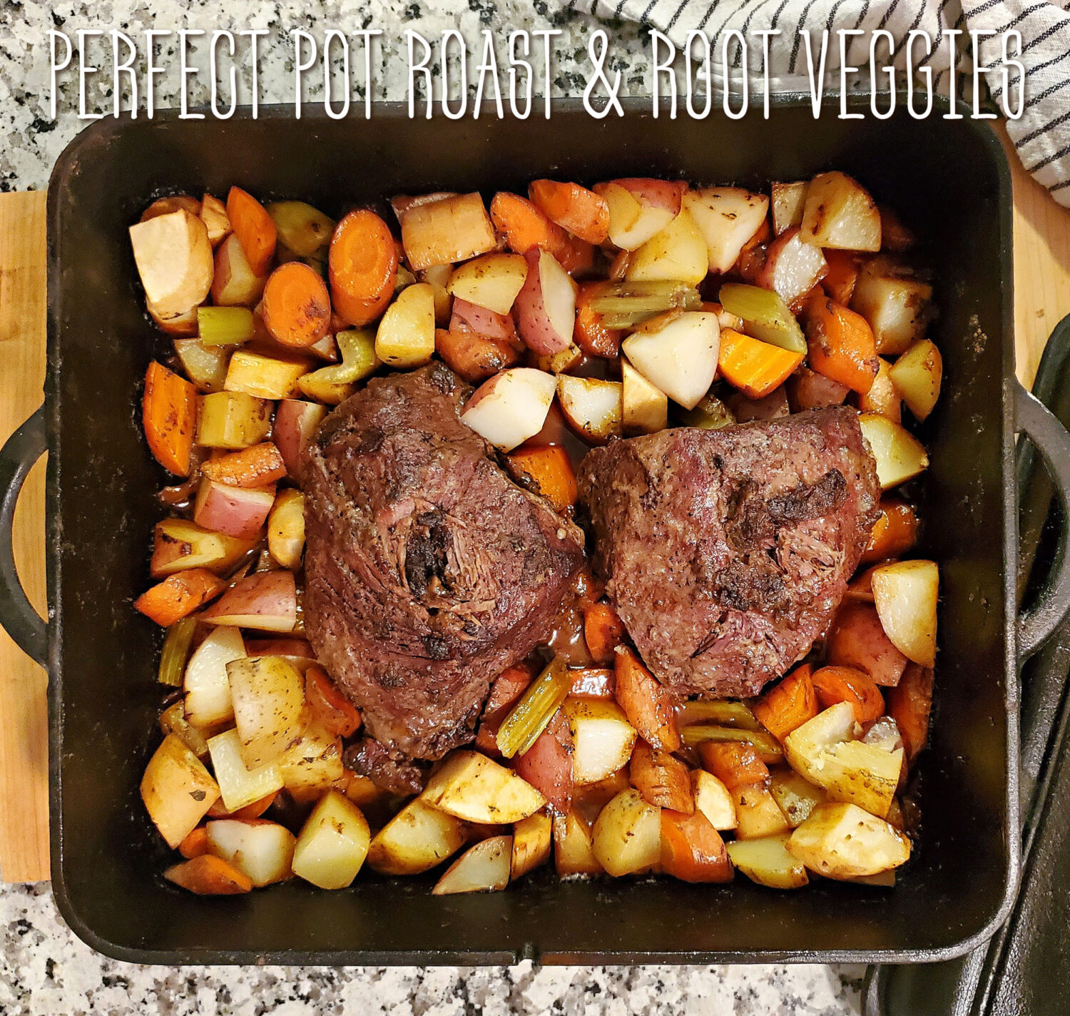 Perfect Pot Roast & Root Veggies: Yukon Gold, Parsnips, Carrots, and Sweet Onions baked with herbs & red wine for an earthy homemade gravy.