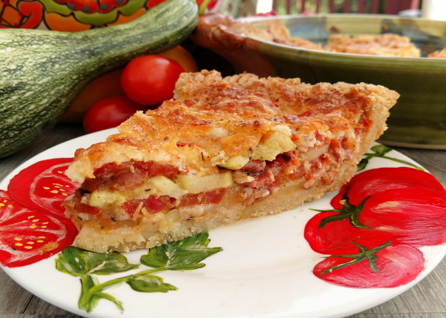 Tomato Bacon Zucchini Pie with Ultimate Corn Masa Crust. 