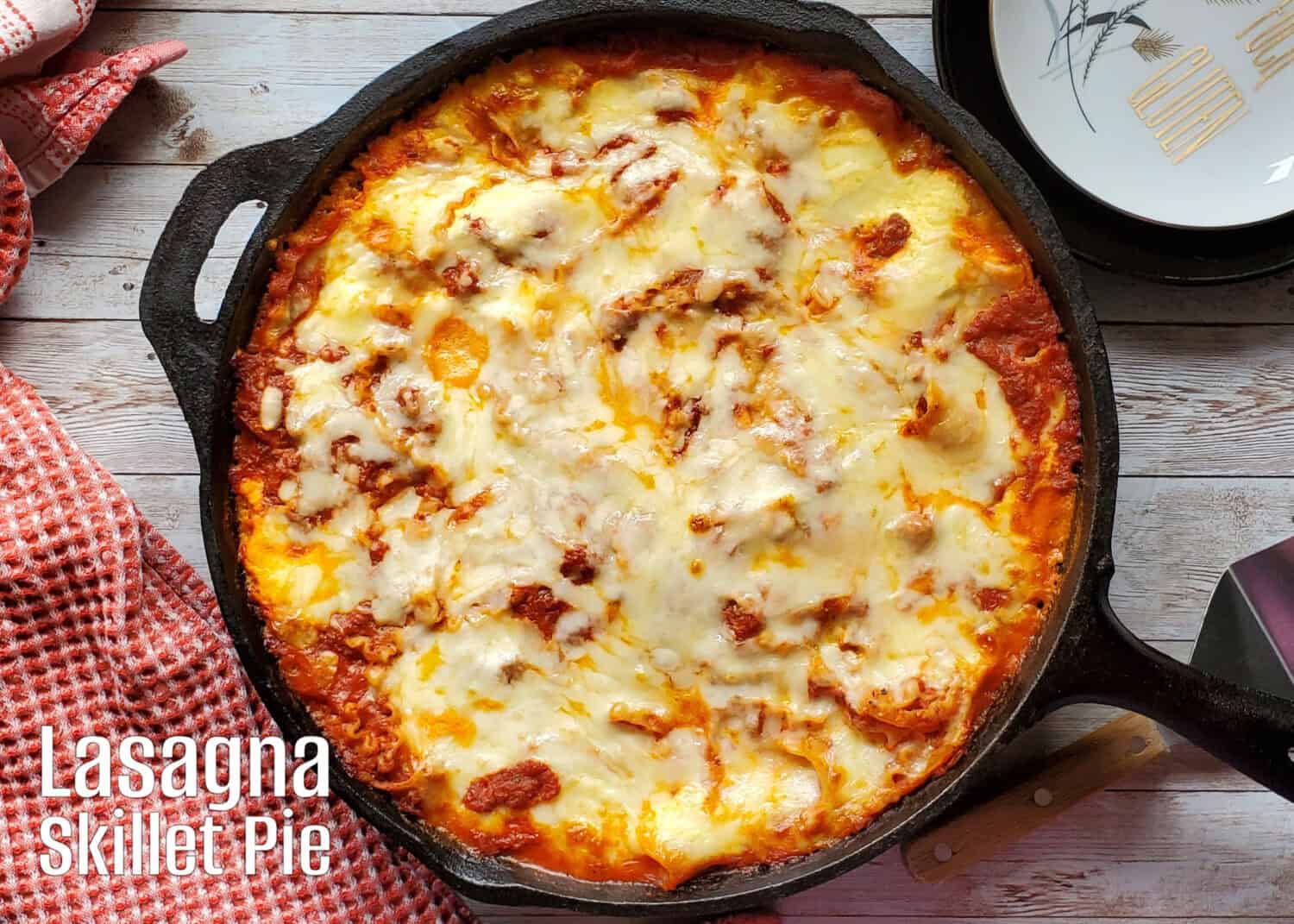 Lasagna Skillet Pie has the same rich Italian sauce, loaded with Parmesan, mozzarella and ricotta cheeses, baked in a cast iron skillet. No layering of ingredients and no fear of broken noodles.