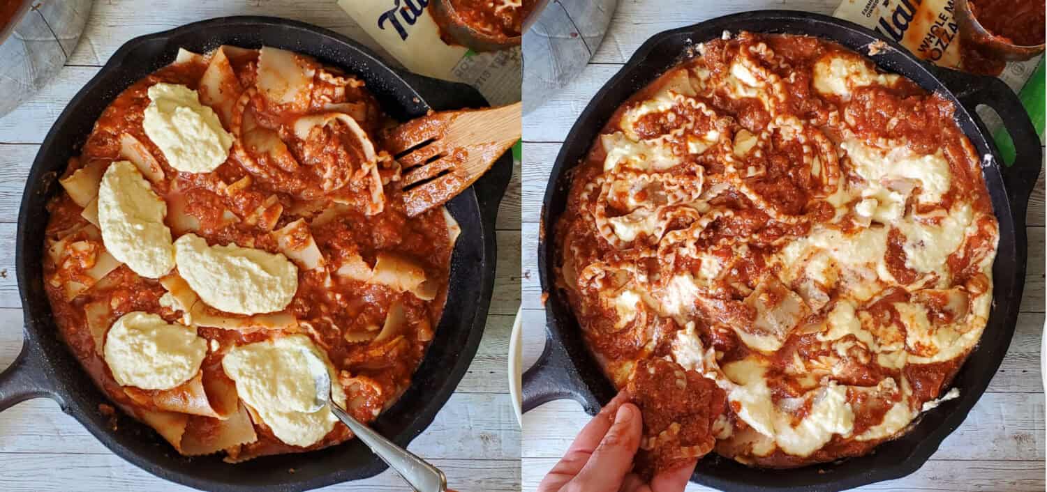 Lasagna Skillet Pie has the same rich Italian sauce, loaded with Parmesan, mozzarella and ricotta cheeses, baked in a cast iron skillet. No layering of ingredients and no fear of broken noodles.
