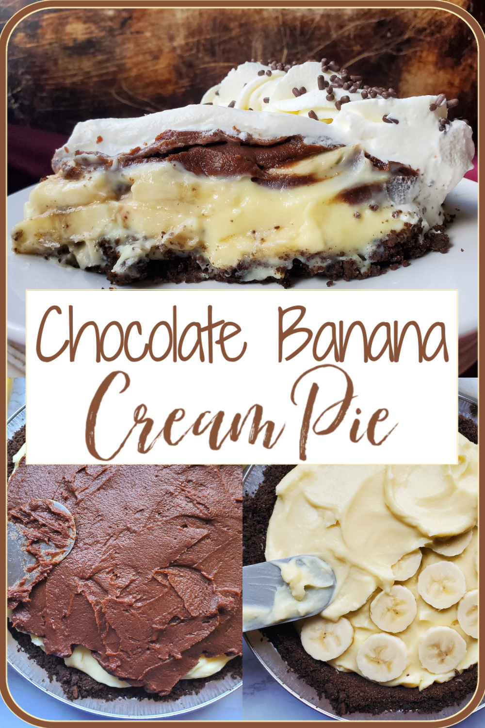 Decadent chocolate & banana pastry cream loaded with fresh sliced bananas and smothered in homemade whipped cream, with a chocolate cookie crust of course.