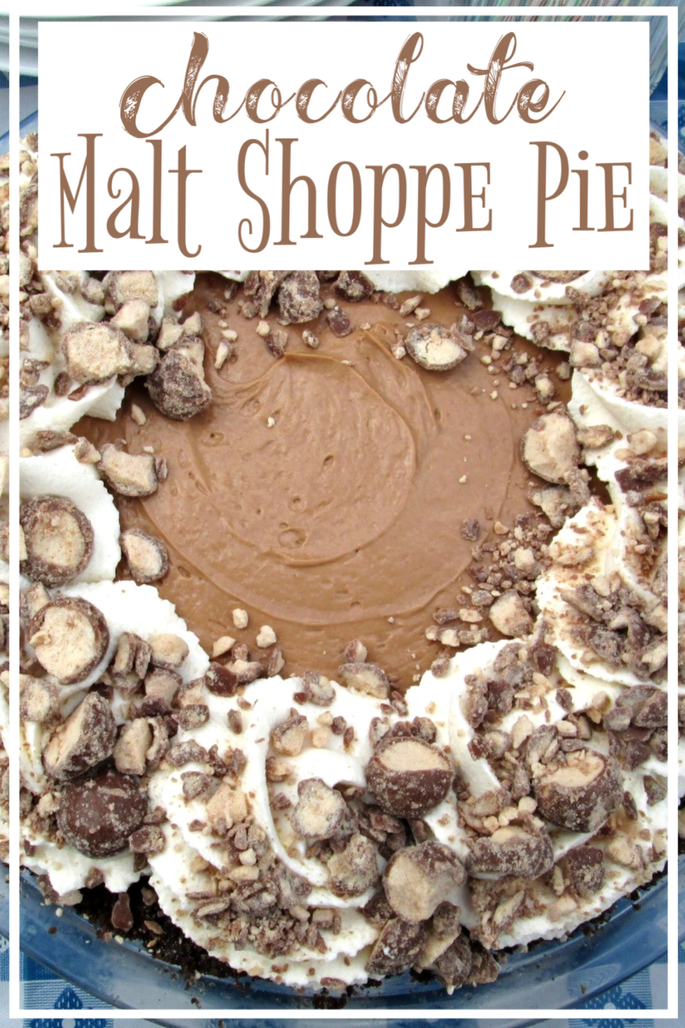 Chocolate malt-a-licious smooth & creamy pie is packed full of crushed Whoppers; tastes like an old time ice cream shoppe opened in your kitchen!