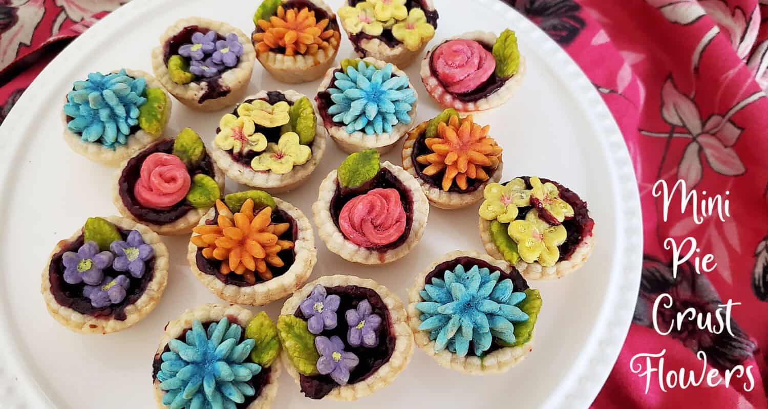 Pie crust flowers for mini pies or a bouquet for a full-size pie. Play with fun colors and make ahead to keep frozen for your next pie!