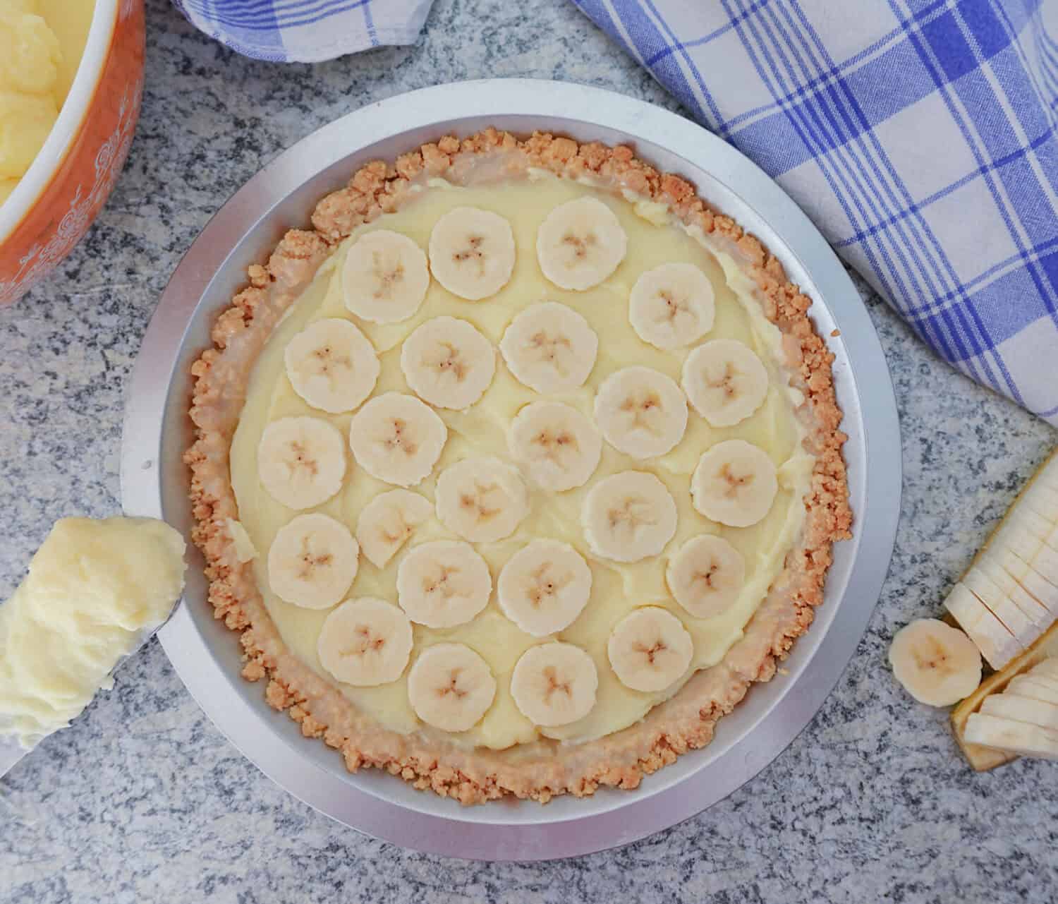 Heavenly banana pastry cream, loads of bananas, and banana-flavored whipped topping, in vanilla wafer crust; we're going bananas today!