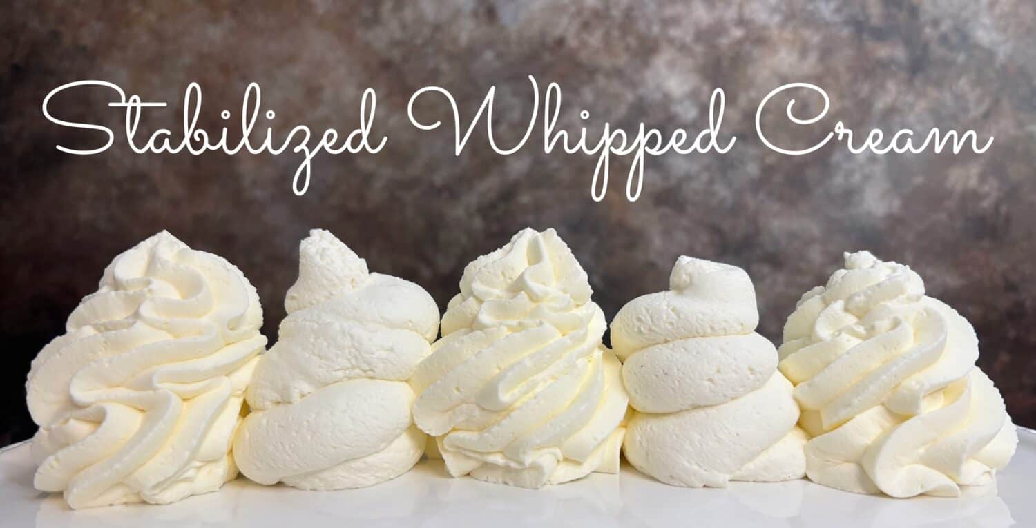 Stabilized whipped cream is a must have for all your pies and desserts. Creamy and delicious without the fear of deflating!
