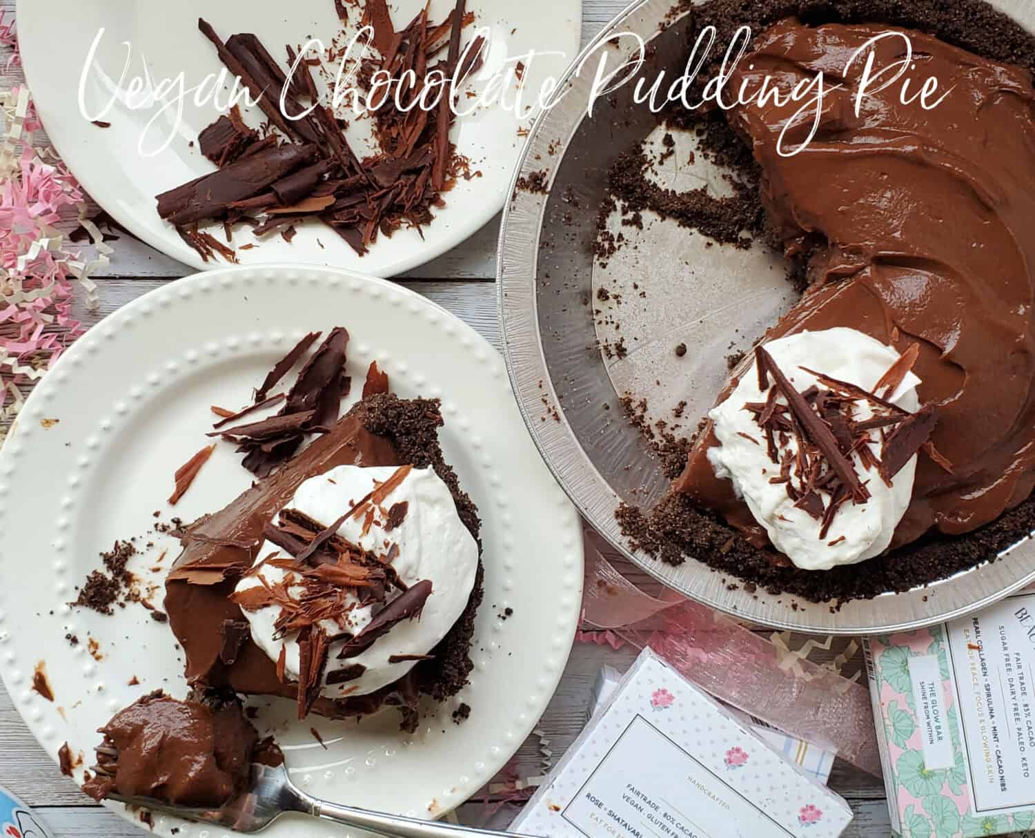 Vegan Chocolate Pudding Pie with vegan chocolate, plant-based milk and half & half, is super creamy, with homemade chocolate shavings.